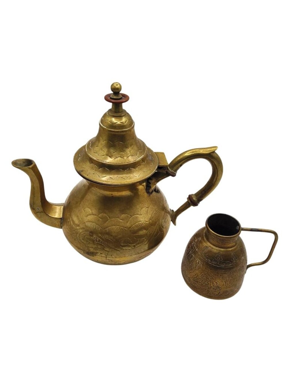 Antique Brass Teapot & Milk Jug Set With Intricate Engraved Detailing